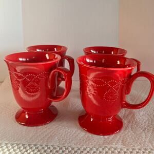 The Pioneer Women Cowgirl Lace Red Pedestal Mugs Set Of 4 Farmhouse Coffee Cups